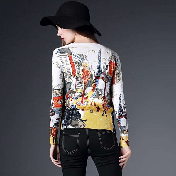 Spring Autumn Drawing Print Lady Long-Sleeve Sweater Cardigans Women V-Neck Casual Knitted Outerwear High Quality