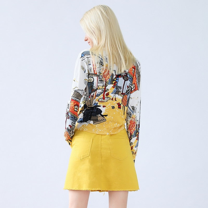 Spring Autumn Drawing Print Lady Long-Sleeve Sweater Cardigans Women V-Neck Casual Knitted Outerwear High Quality
