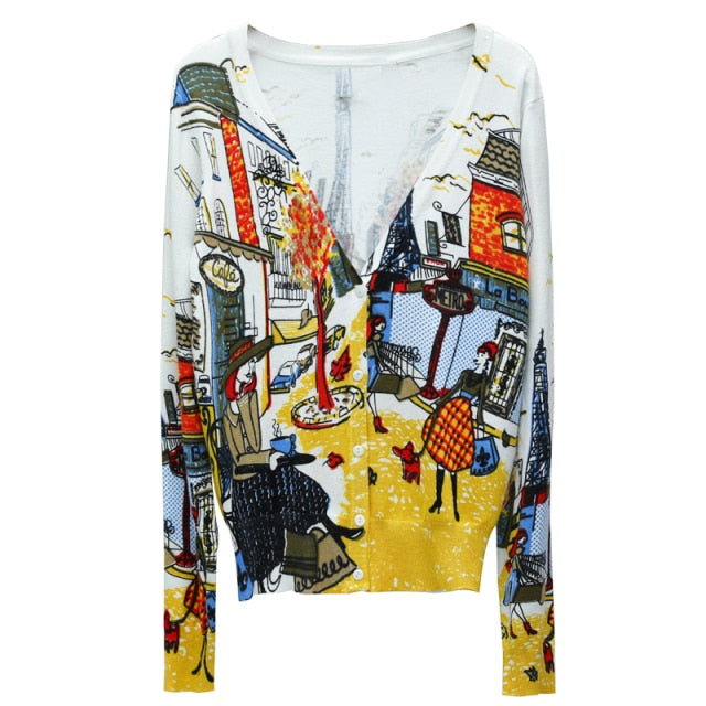 Spring Autumn Drawing Print Lady Long-Sleeve Sweater Cardigans Women V-Neck Casual Knitted Outerwear High Quality