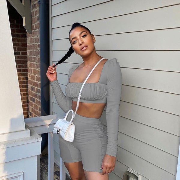 Solid Sports Yoga Set Women Gym Clothes Long Sleeve Pleated Crop Top Skinny Shorts Tracksuit Fashion Fitness Workout New Suit | Vimost Shop.