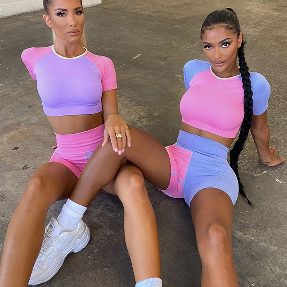 Seamless Color Patchwork Yoga Set Gym Clothing Fashion Short Sleeve Top Shorts Sports Suit Push Up Workout Running Tracksuit | Vimost Shop.