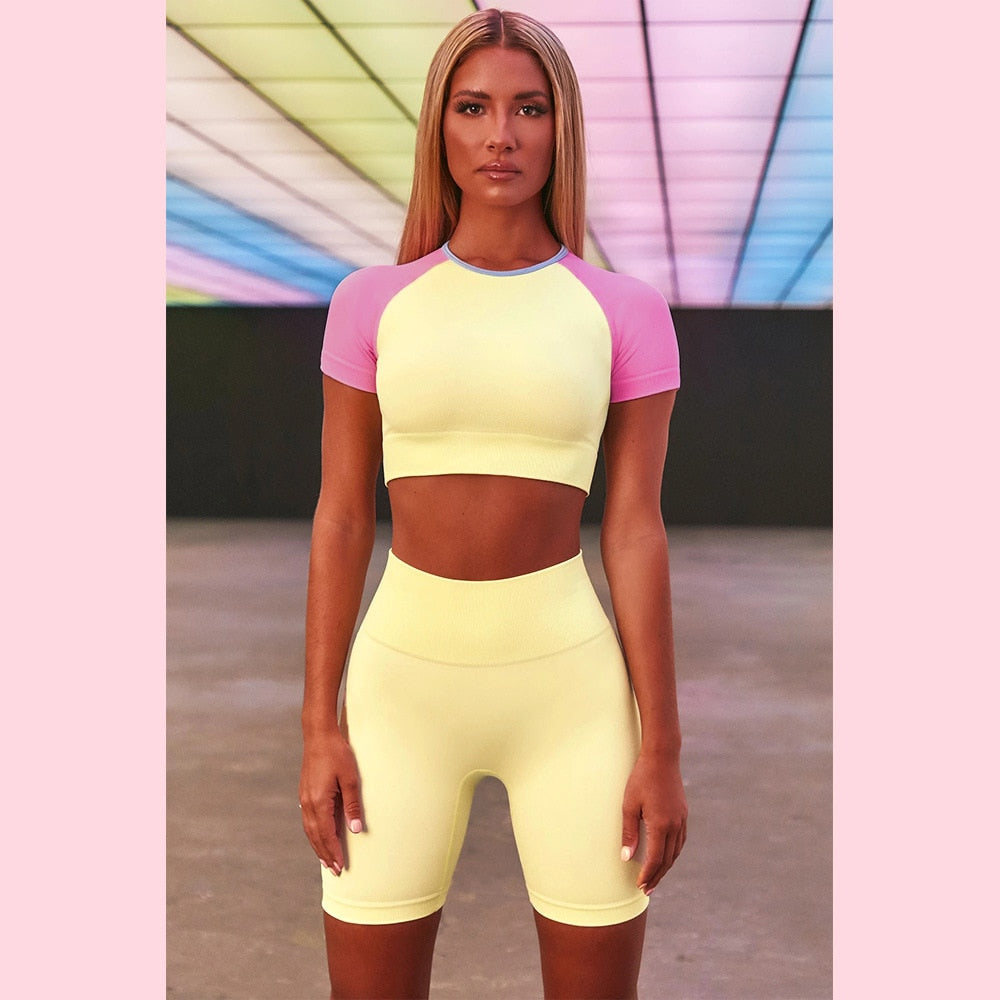 Seamless Color Patchwork Yoga Set Gym Clothing Fashion Short Sleeve Top Shorts Sports Suit Push Up Workout Running Tracksuit | Vimost Shop.