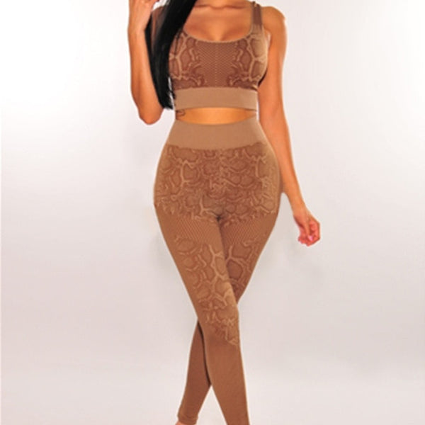 Seamless Snakeskin Print Yoga Set Gym Clothing Fashion Tank Crop Top Leggings Suit Push Up Workout Training Running Tracksuit | Vimost Shop.