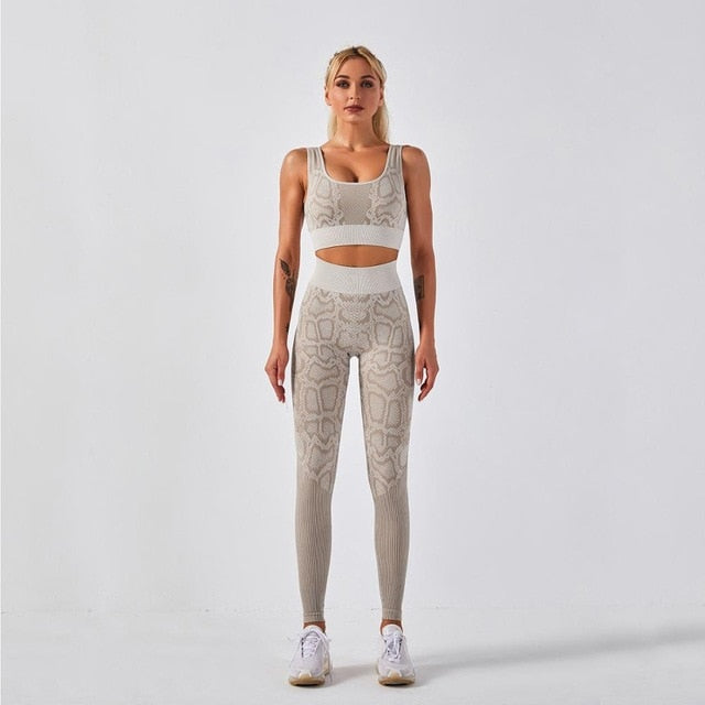 Seamless Snakeskin Print Yoga Set Gym Clothing Fashion Tank Crop Top Leggings Suit Push Up Workout Training Running Tracksuit | Vimost Shop.