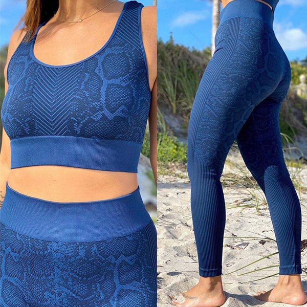 Seamless Snakeskin Print Yoga Set Gym Clothing Fashion Tank Crop Top Leggings Suit Push Up Workout Training Running Tracksuit | Vimost Shop.