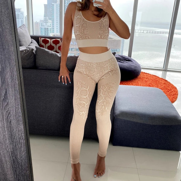 Seamless Snakeskin Print Yoga Set Gym Clothing Fashion Tank Crop Top Leggings Suit Push Up Workout Training Running Tracksuit | Vimost Shop.