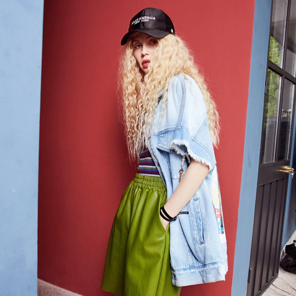 Harajuku Blue Graphic Print Casual Woman Denim Jackets Sleeveless Femme Daily Outerwear | Vimost Shop.