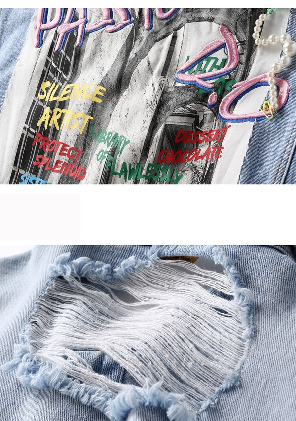 Harajuku Blue Graphic Print Casual Woman Denim Jackets Sleeveless Femme Daily Outerwear | Vimost Shop.