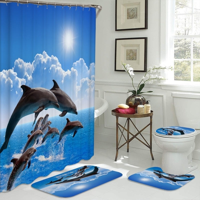 Ocean Design Dolphin 4 In 1 Waterproof Fabric Bathroom 3D Shower Curtain Set with Non Slip Toilet Cover Rugs Mat Home Decoration | Vimost Shop.