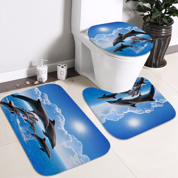 Ocean Design Dolphin 4 In 1 Waterproof Fabric Bathroom 3D Shower Curtain Set with Non Slip Toilet Cover Rugs Mat Home Decoration | Vimost Shop.