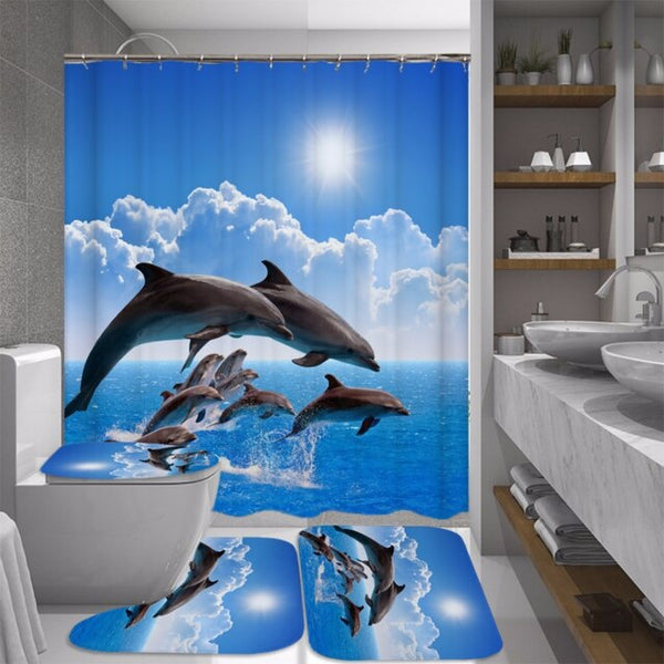 Ocean Design Dolphin 4 In 1 Waterproof Fabric Bathroom 3D Shower Curtain Set with Non Slip Toilet Cover Rugs Mat Home Decoration | Vimost Shop.