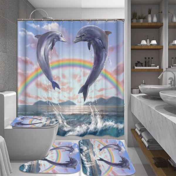 Ocean Design Dolphin 4 In 1 Waterproof Fabric Bathroom 3D Shower Curtain Set with Non Slip Toilet Cover Rugs Mat Home Decoration | Vimost Shop.