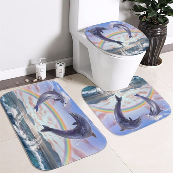 Ocean Design Dolphin 4 In 1 Waterproof Fabric Bathroom 3D Shower Curtain Set with Non Slip Toilet Cover Rugs Mat Home Decoration | Vimost Shop.