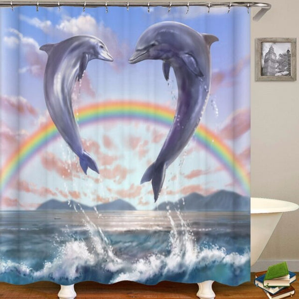 Ocean Design Dolphin 4 In 1 Waterproof Fabric Bathroom 3D Shower Curtain Set with Non Slip Toilet Cover Rugs Mat Home Decoration | Vimost Shop.