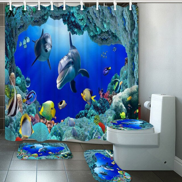 Ocean Design Dolphin 4 In 1 Waterproof Fabric Bathroom 3D Shower Curtain Set with Non Slip Toilet Cover Rugs Mat Home Decoration | Vimost Shop.