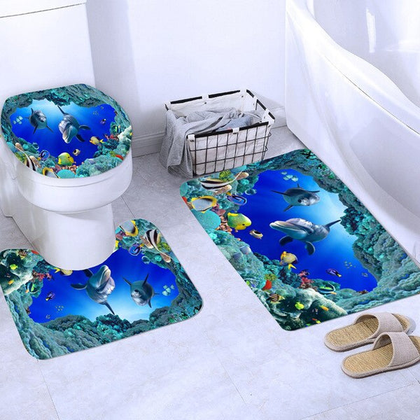 Ocean Design Dolphin 4 In 1 Waterproof Fabric Bathroom 3D Shower Curtain Set with Non Slip Toilet Cover Rugs Mat Home Decoration | Vimost Shop.