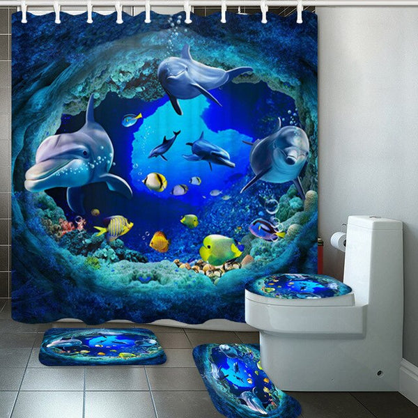 Ocean Design Dolphin 4 In 1 Waterproof Fabric Bathroom 3D Shower Curtain Set with Non Slip Toilet Cover Rugs Mat Home Decoration | Vimost Shop.