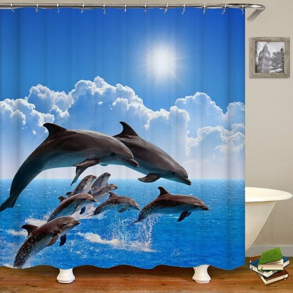 Ocean Design Dolphin 4 In 1 Waterproof Fabric Bathroom 3D Shower Curtain Set with Non Slip Toilet Cover Rugs Mat Home Decoration | Vimost Shop.