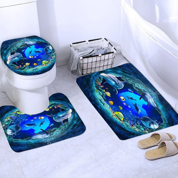 Ocean Design Dolphin 4 In 1 Waterproof Fabric Bathroom 3D Shower Curtain Set with Non Slip Toilet Cover Rugs Mat Home Decoration | Vimost Shop.