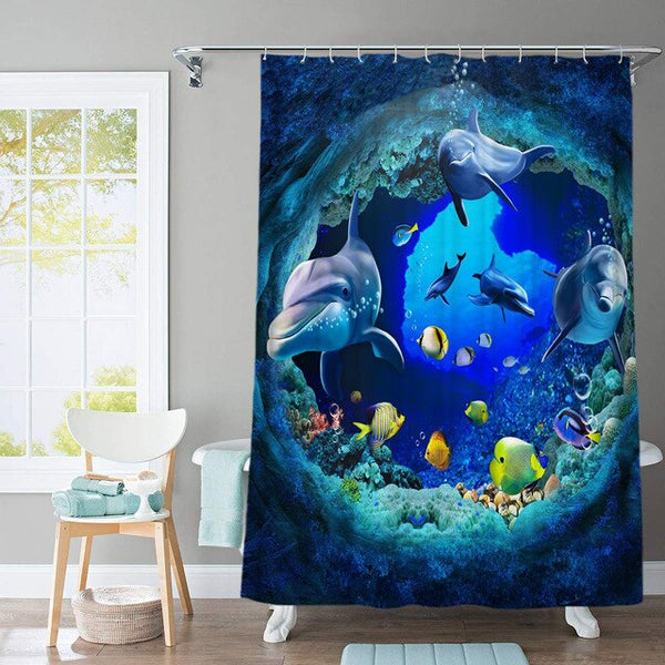 Ocean Design Dolphin 4 In 1 Waterproof Fabric Bathroom 3D Shower Curtain Set with Non Slip Toilet Cover Rugs Mat Home Decoration | Vimost Shop.