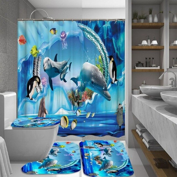 Ocean Design Dolphin 4 In 1 Waterproof Fabric Bathroom 3D Shower Curtain Set with Non Slip Toilet Cover Rugs Mat Home Decoration | Vimost Shop.