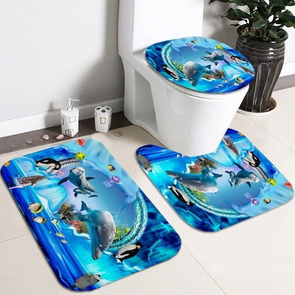 Ocean Design Dolphin 4 In 1 Waterproof Fabric Bathroom 3D Shower Curtain Set with Non Slip Toilet Cover Rugs Mat Home Decoration | Vimost Shop.