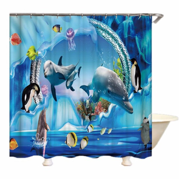 Ocean Design Dolphin 4 In 1 Waterproof Fabric Bathroom 3D Shower Curtain Set with Non Slip Toilet Cover Rugs Mat Home Decoration | Vimost Shop.