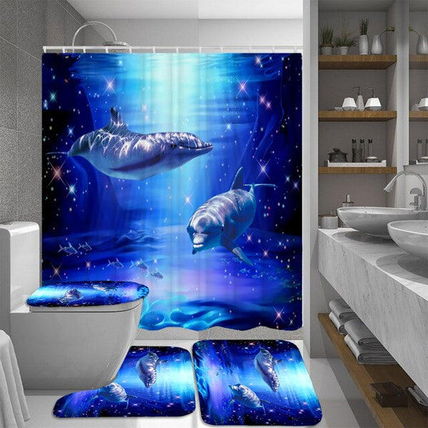 Ocean Design Dolphin 4 In 1 Waterproof Fabric Bathroom 3D Shower Curtain Set with Non Slip Toilet Cover Rugs Mat Home Decoration | Vimost Shop.