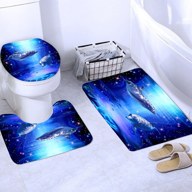 Ocean Design Dolphin 4 In 1 Waterproof Fabric Bathroom 3D Shower Curtain Set with Non Slip Toilet Cover Rugs Mat Home Decoration | Vimost Shop.