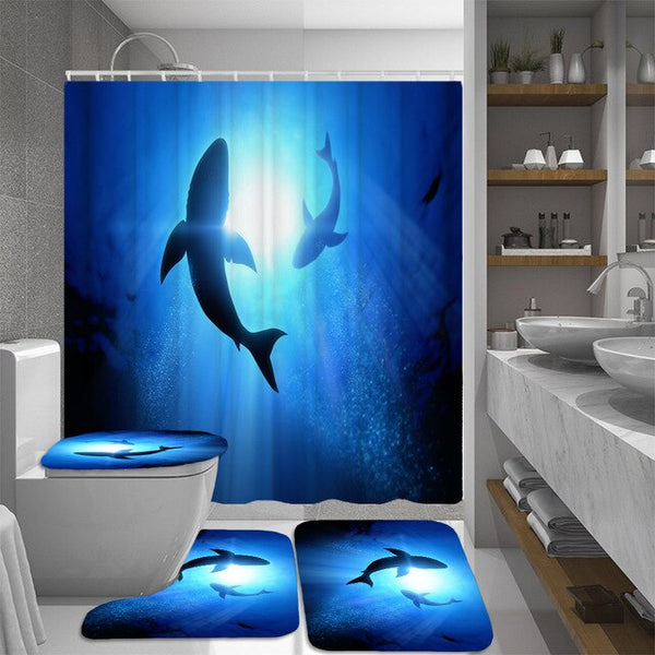 Ocean Design Dolphin 4 In 1 Waterproof Fabric Bathroom 3D Shower Curtain Set with Non Slip Toilet Cover Rugs Mat Home Decoration | Vimost Shop.