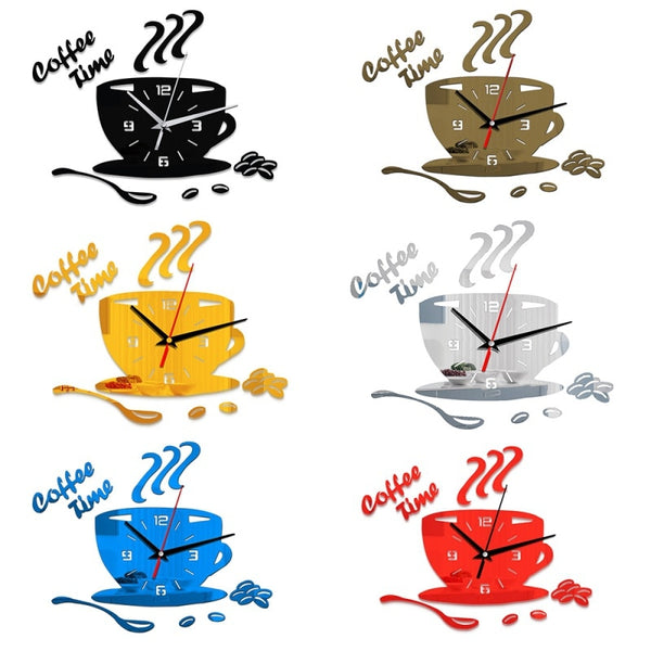 3D Coffee Cup Shape Time Clock DIY Mirror Acrylic Wall Clock Modern Kitchen Digital Wall Stickers Home Decor | Vimost Shop.