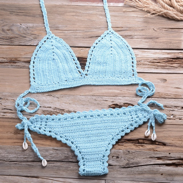 Sexy Crochet Bikini Two Pieces Set Halter Bra Tie Top Knitted Shorts Biquini Summer Beach Swimwear Hollow Swimsuit Bathing Suit | Vimost Shop.