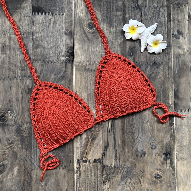 Sexy Crochet Bikini Two Pieces Set Halter Bra Tie Top Knitted Shorts Biquini Summer Beach Swimwear Hollow Swimsuit Bathing Suit | Vimost Shop.