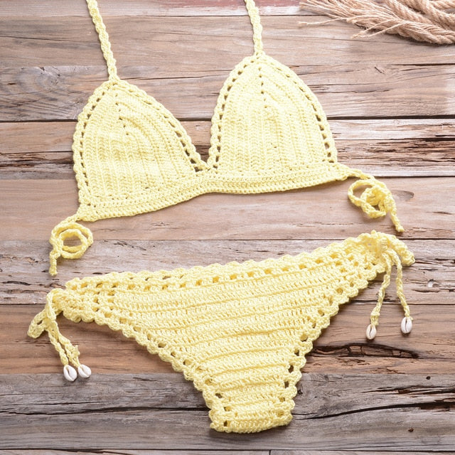 Sexy Crochet Bikini Two Pieces Set Halter Bra Tie Top Knitted Shorts Biquini Summer Beach Swimwear Hollow Swimsuit Bathing Suit | Vimost Shop.