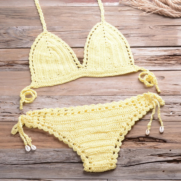 Sexy Crochet Bikini Two Pieces Set Halter Bra Tie Top Knitted Shorts Biquini Summer Beach Swimwear Hollow Swimsuit Bathing Suit | Vimost Shop.