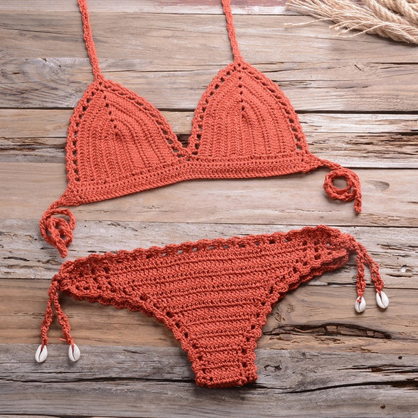 Sexy Crochet Bikini Two Pieces Set Halter Bra Tie Top Knitted Shorts Biquini Summer Beach Swimwear Hollow Swimsuit Bathing Suit | Vimost Shop.
