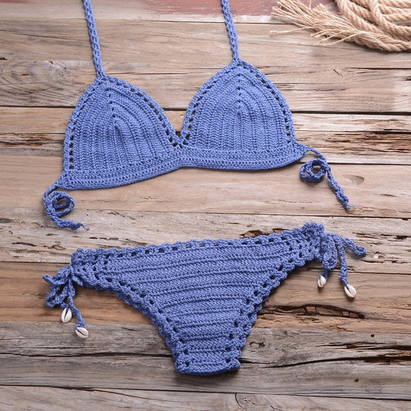 Sexy Crochet Bikini Two Pieces Set Halter Bra Tie Top Knitted Shorts Biquini Summer Beach Swimwear Hollow Swimsuit Bathing Suit | Vimost Shop.