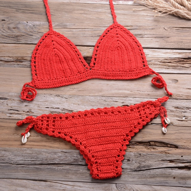 Sexy Crochet Bikini Two Pieces Set Halter Bra Tie Top Knitted Shorts Biquini Summer Beach Swimwear Hollow Swimsuit Bathing Suit | Vimost Shop.