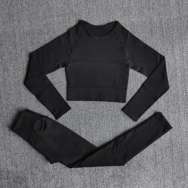 Women's Sportswear Yoga Set Workout Clothes Athletic Wear Sports Gym Legging Seamless Fitness Bra Crop Top Long Sleeve Yoga Suit