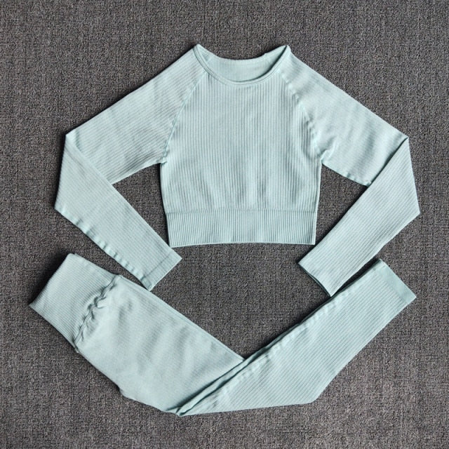 Women's Sportswear Yoga Set Workout Clothes Athletic Wear Sports Gym Legging Seamless Fitness Bra Crop Top Long Sleeve Yoga Suit