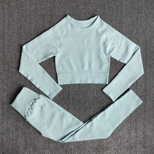 Women's Sportswear Yoga Set Workout Clothes Athletic Wear Sports Gym Legging Seamless Fitness Bra Crop Top Long Sleeve Yoga Suit