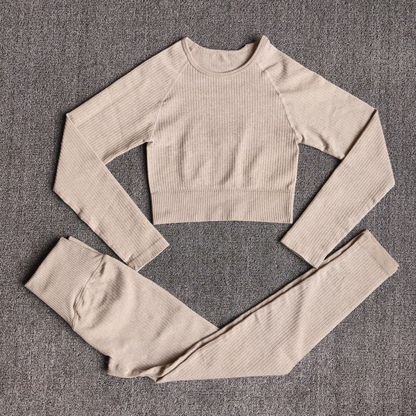 Women's Sportswear Yoga Set Workout Clothes Athletic Wear Sports Gym Legging Seamless Fitness Bra Crop Top Long Sleeve Yoga Suit