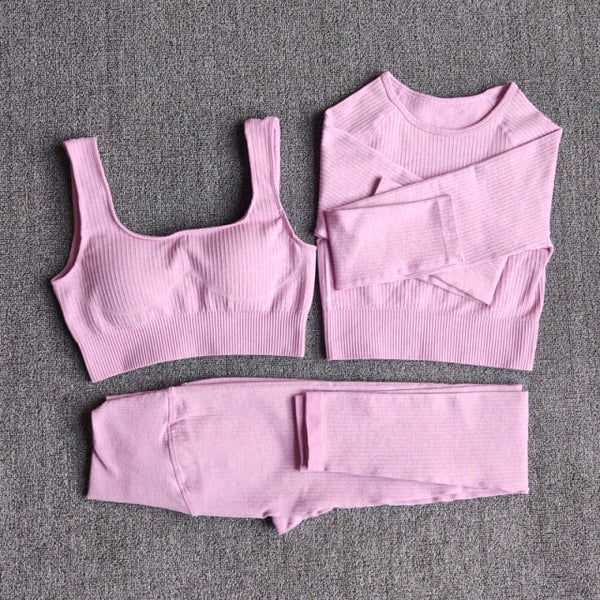 Women's Sportswear Yoga Set Workout Clothes Athletic Wear Sports Gym Legging Seamless Fitness Bra Crop Top Long Sleeve Yoga Suit