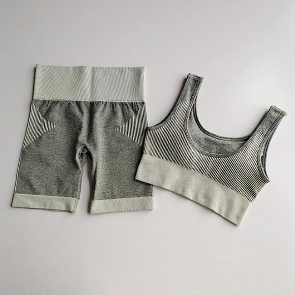 Seamless Striped Yoga Set Tracksuit For Women Slim Bra Top And Hips Lifting Shorts Casual Training Sexy Fitness Clothing 2 Piece | Vimost Shop.