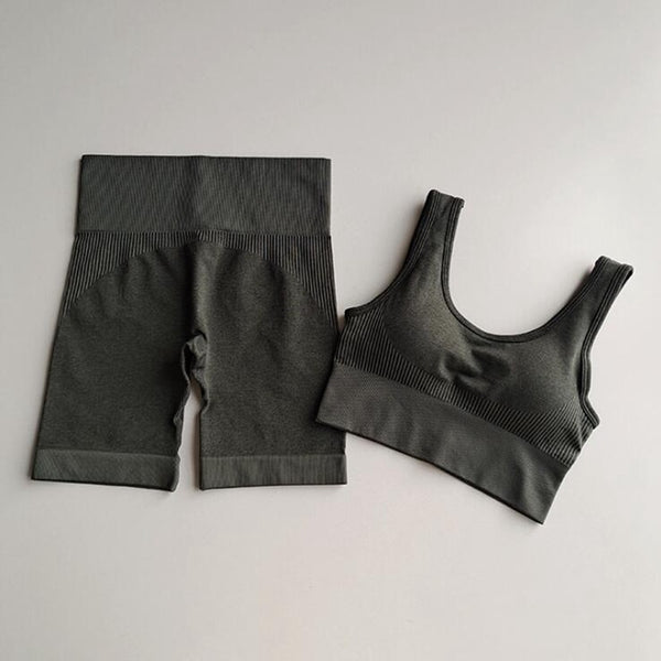 Seamless Striped Yoga Set Tracksuit For Women Slim Bra Top And Hips Lifting Shorts Casual Training Sexy Fitness Clothing 2 Piece | Vimost Shop.