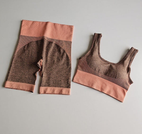 Seamless Striped Yoga Set Tracksuit For Women Slim Bra Top And Hips Lifting Shorts Casual Training Sexy Fitness Clothing 2 Piece | Vimost Shop.