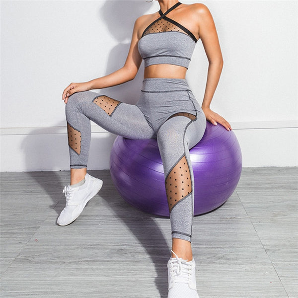 Seamless Yoga Two Piece Set Fashion Sheer Mesh Patchwork Bra Top Leggings Sports Fitness Suit Running Energy Workout Tracksuit | Vimost Shop.