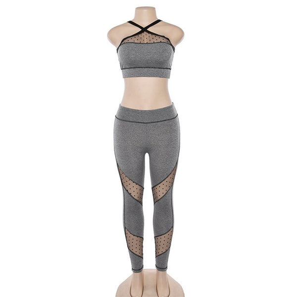 Seamless Yoga Two Piece Set Fashion Sheer Mesh Patchwork Bra Top Leggings Sports Fitness Suit Running Energy Workout Tracksuit | Vimost Shop.