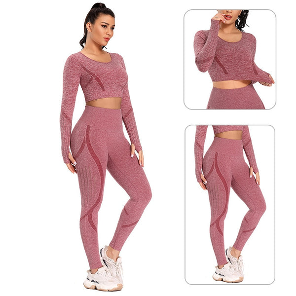 Solid Yoga Suit Seamless Dry Quick Breathable Tracksuit Long Sleeve Leggings Two Piece Set Fashion Workout Gym Fitness Sport Set | Vimost Shop.