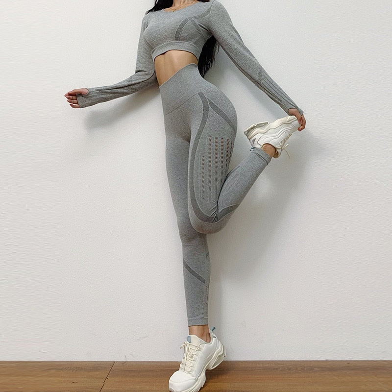 Solid Yoga Suit Seamless Dry Quick Breathable Tracksuit Long Sleeve Leggings Two Piece Set Fashion Workout Gym Fitness Sport Set | Vimost Shop.